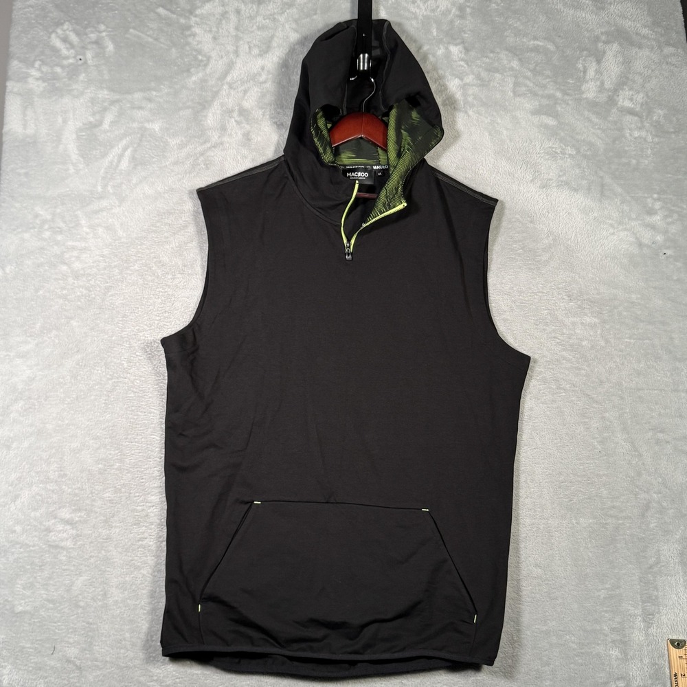 Maceoo Hoodie‎ Mens Large 4 Black Sleeveless Quarter Zip Vest Cotton Muscle